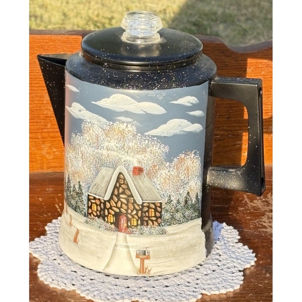 Vtg Light Blue Metal Pyres Coffee Pot Perculator Hand Painted Winter Home Scene - Picture 1 of 5